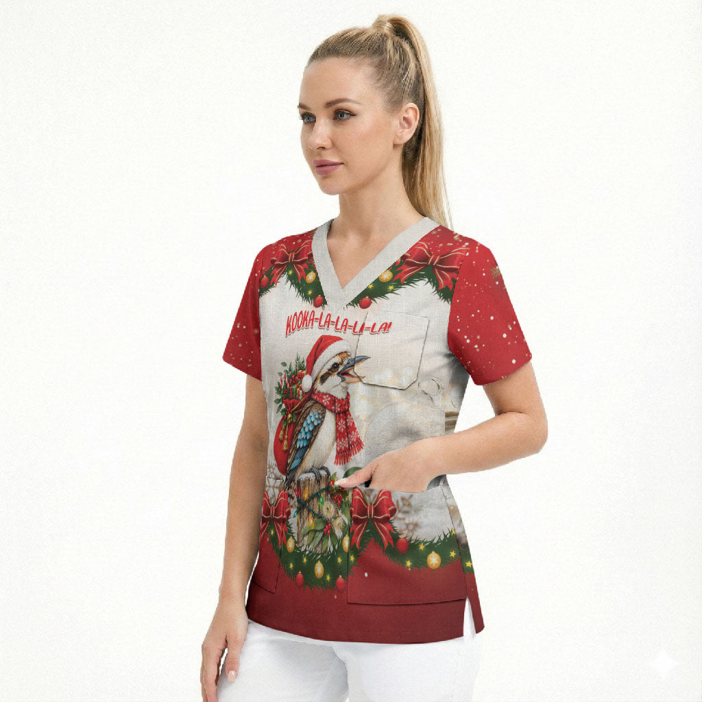 Personalised Kookaburra Australia Christmas Scrub Top Kooka-la-la-la-la Xmas Bows