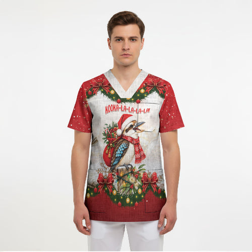 Personalised Kookaburra Australia Christmas Scrub Top Kooka-la-la-la-la Xmas Bows
