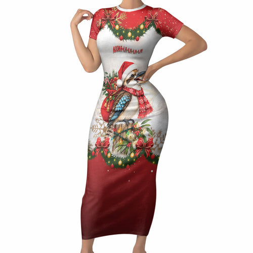 Personalised Kookaburra Australia Christmas Short Sleeve Bodycon Dress Kooka-la-la-la-la Xmas Bows