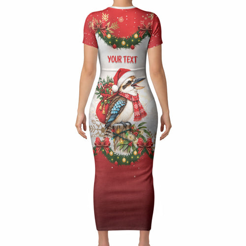Personalised Kookaburra Australia Christmas Short Sleeve Bodycon Dress Kooka-la-la-la-la Xmas Bows