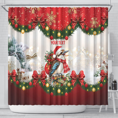 Personalised Kookaburra Australia Christmas Shower Curtain Kooka-la-la-la-la Xmas Bows