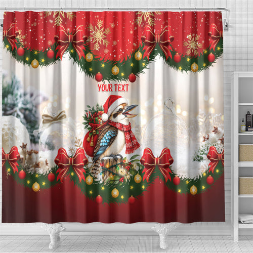 Personalised Kookaburra Australia Christmas Shower Curtain Kooka-la-la-la-la Xmas Bows