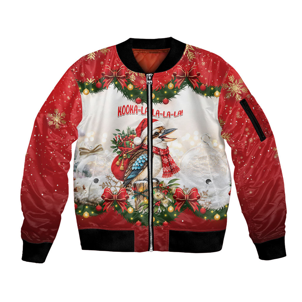 Personalised Kookaburra Australia Christmas Sleeve Zip Bomber Jacket Kooka-la-la-la-la Xmas Bows