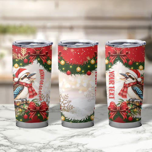 Personalised Kookaburra Australia Christmas Tumbler Cup Kooka-la-la-la-la Xmas Bows
