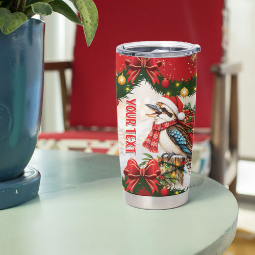 Personalised Kookaburra Australia Christmas Tumbler Cup Kooka-la-la-la-la Xmas Bows