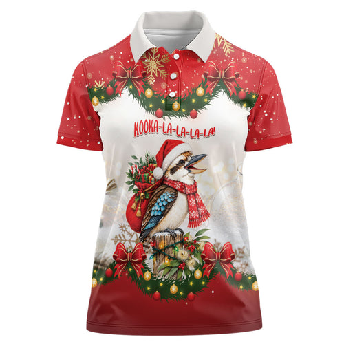 Personalised Kookaburra Australia Christmas Women Polo Shirt Kooka-la-la-la-la Xmas Bows