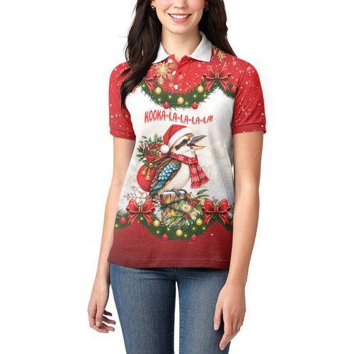 Personalised Kookaburra Australia Christmas Women Polo Shirt Kooka-la-la-la-la Xmas Bows