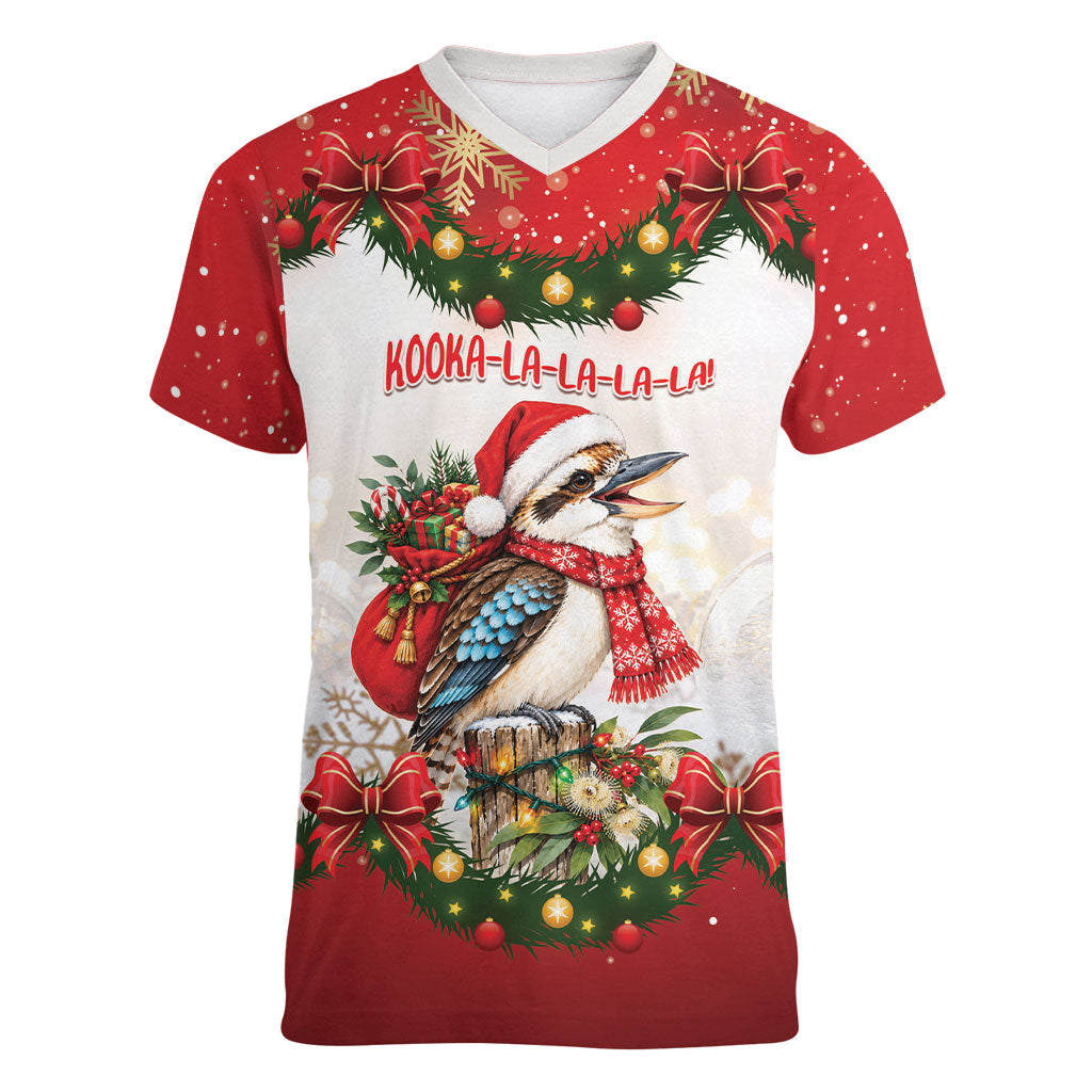 Personalised Kookaburra Australia Christmas Women V-Neck T-Shirt Kooka-la-la-la-la Xmas Bows