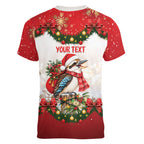 Personalised Kookaburra Australia Christmas Women V-Neck T-Shirt Kooka-la-la-la-la Xmas Bows