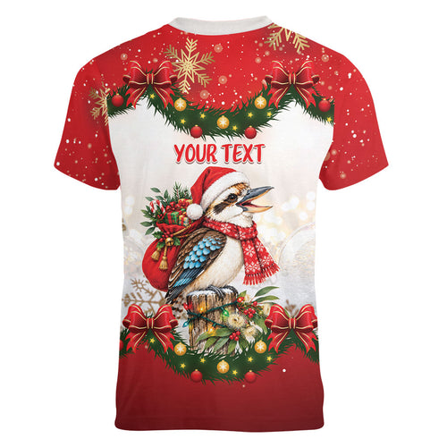 Personalised Kookaburra Australia Christmas Women V-Neck T-Shirt Kooka-la-la-la-la Xmas Bows