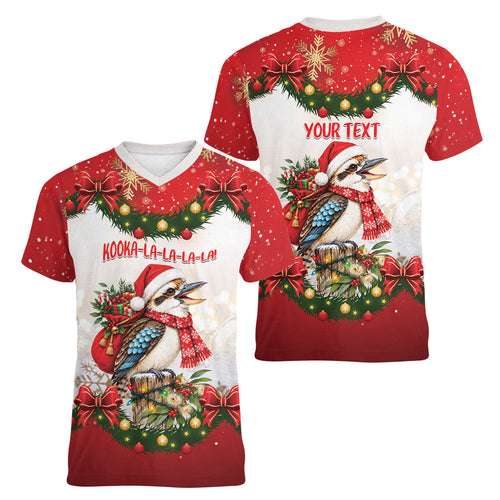 Personalised Kookaburra Australia Christmas Women V-Neck T-Shirt Kooka-la-la-la-la Xmas Bows