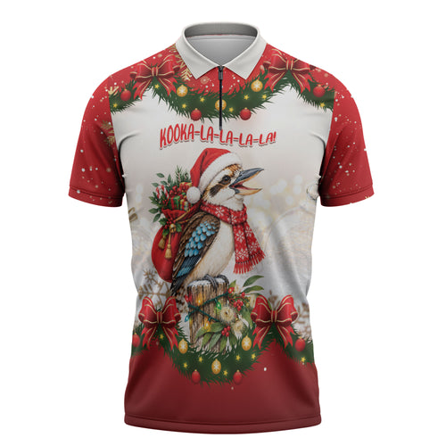 Personalised Kookaburra Australia Christmas Zipper Polo Shirt Kooka-la-la-la-la Xmas Bows