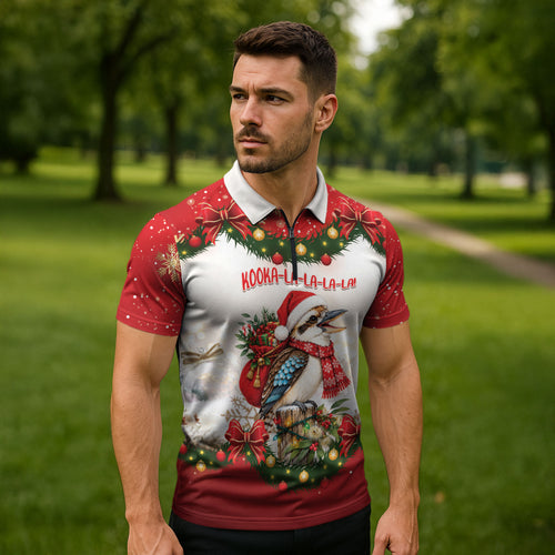 Personalised Kookaburra Australia Christmas Zipper Polo Shirt Kooka-la-la-la-la Xmas Bows