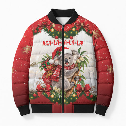 Personalised Koala Australia Christmas Bomber Puffer Jacket Koa-la-la-la-la Xmas Bows