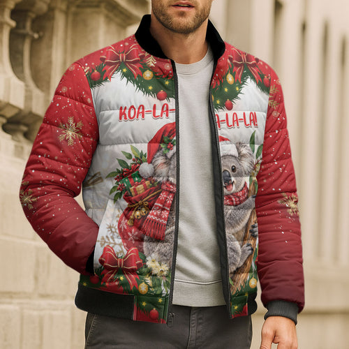Personalised Koala Australia Christmas Bomber Puffer Jacket Koa-la-la-la-la Xmas Bows