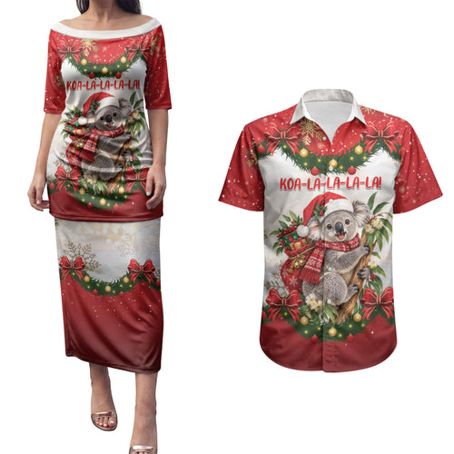 Personalised Koala Australia Christmas Couples Matching Puletasi and Hawaiian Shirt Koa-la-la-la-la Xmas Bows