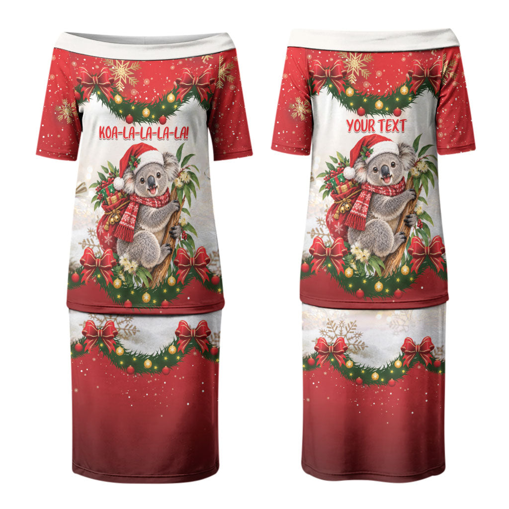 Personalised Koala Australia Christmas Couples Matching Puletasi and Hawaiian Shirt Koa-la-la-la-la Xmas Bows