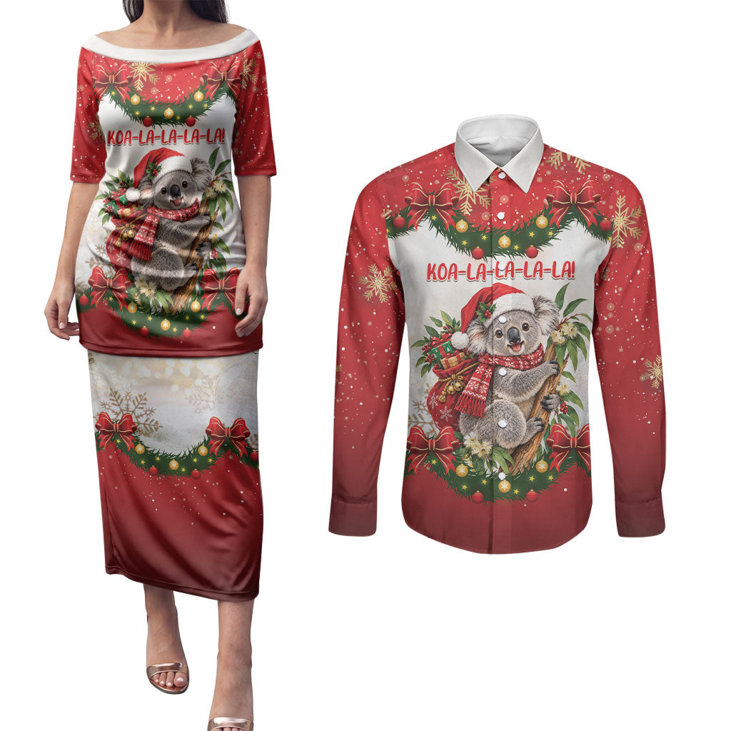 Personalised Koala Australia Christmas Couples Matching Puletasi and Long Sleeve Button Shirt Koa-la-la-la-la Xmas Bows