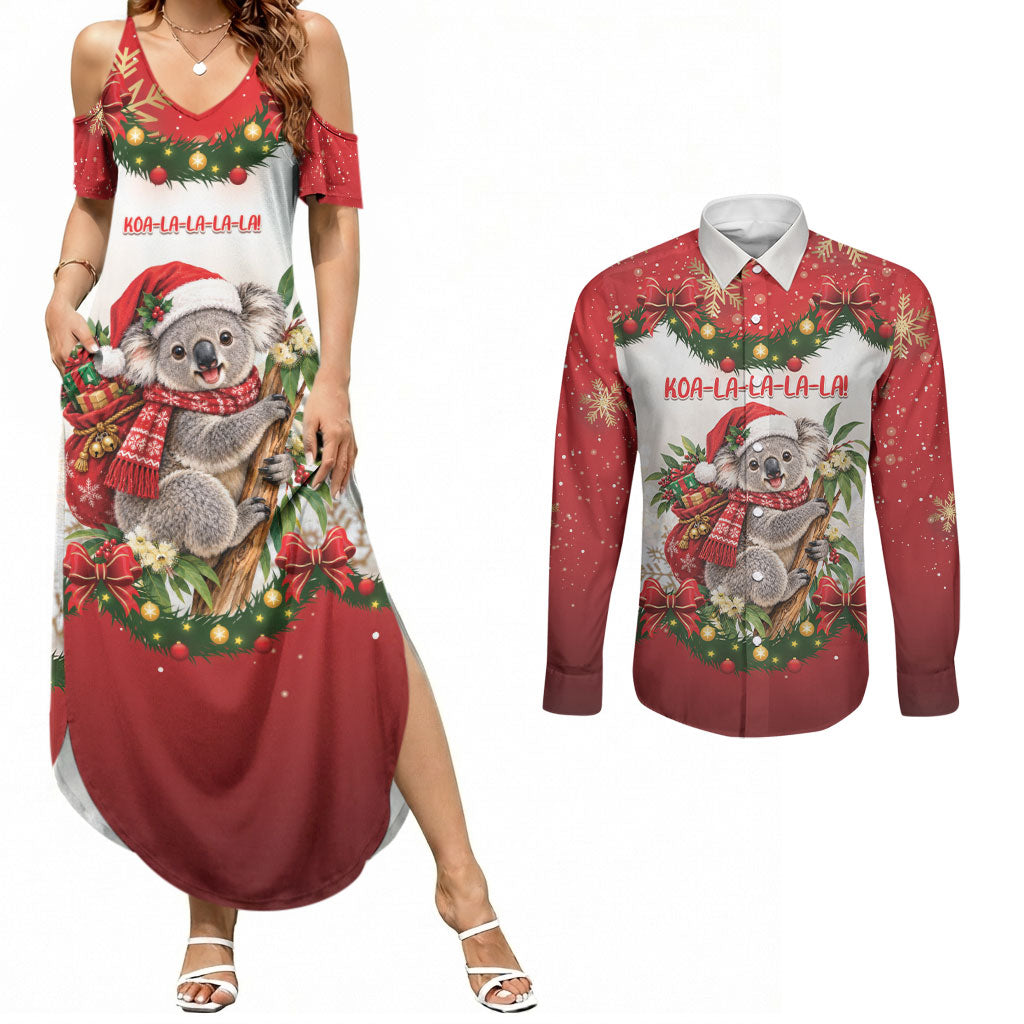 Personalised Koala Australia Christmas Couples Matching Summer Maxi Dress and Long Sleeve Button Shirt Koa-la-la-la-la Xmas Bows