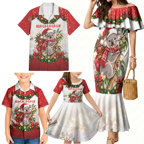 Personalised Koala Australia Christmas Family Matching Mermaid Dress and Hawaiian Shirt Koa-la-la-la-la Xmas Bows
