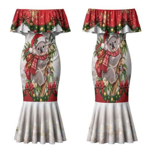 Personalised Koala Australia Christmas Family Matching Mermaid Dress and Hawaiian Shirt Koa-la-la-la-la Xmas Bows