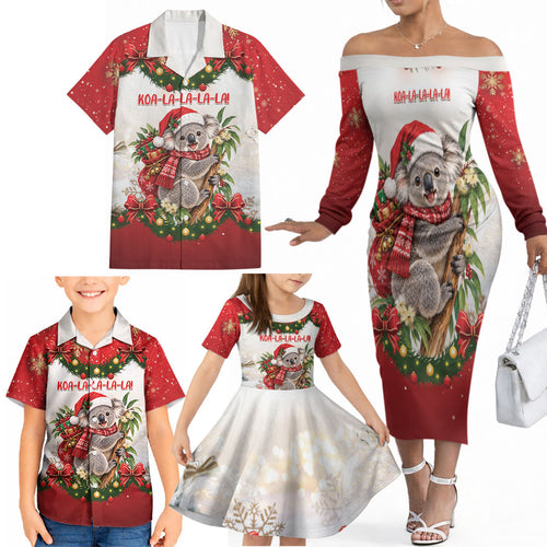 Personalised Koala Australia Christmas Family Matching Off The Shoulder Long Sleeve Dress and Hawaiian Shirt Koa-la-la-la-la Xmas Bows