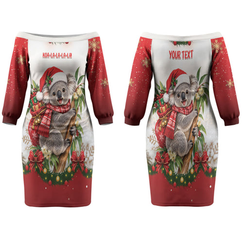 Personalised Koala Australia Christmas Family Matching Off The Shoulder Long Sleeve Dress and Hawaiian Shirt Koa-la-la-la-la Xmas Bows