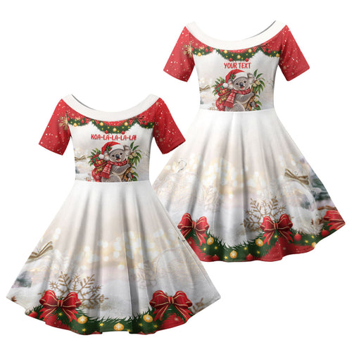 Personalised Koala Australia Christmas Family Matching Off The Shoulder Long Sleeve Dress and Hawaiian Shirt Koa-la-la-la-la Xmas Bows