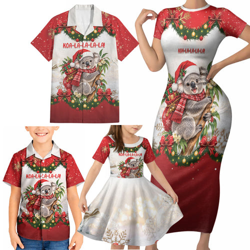 Personalised Koala Australia Christmas Family Matching Short Sleeve Bodycon Dress and Hawaiian Shirt Koa-la-la-la-la Xmas Bows