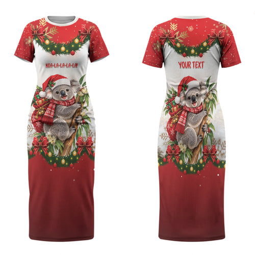 Personalised Koala Australia Christmas Family Matching Short Sleeve Bodycon Dress and Hawaiian Shirt Koa-la-la-la-la Xmas Bows