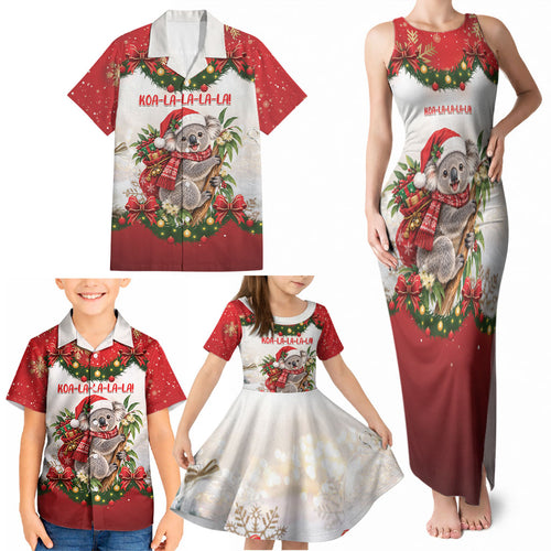Personalised Koala Australia Christmas Family Matching Tank Maxi Dress and Hawaiian Shirt Koa-la-la-la-la Xmas Bows