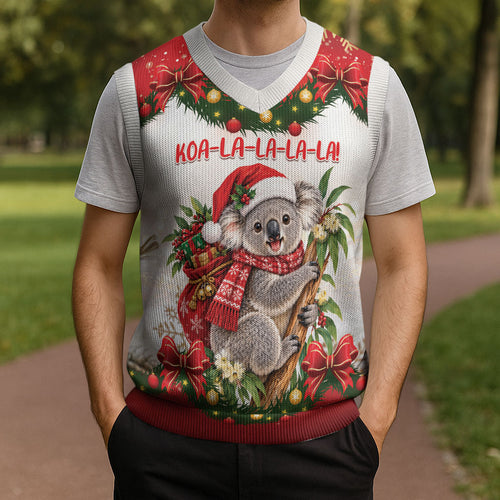 Personalised Koala Australia Christmas Knitted V-Neck Vest Koa-la-la-la-la Xmas Bows