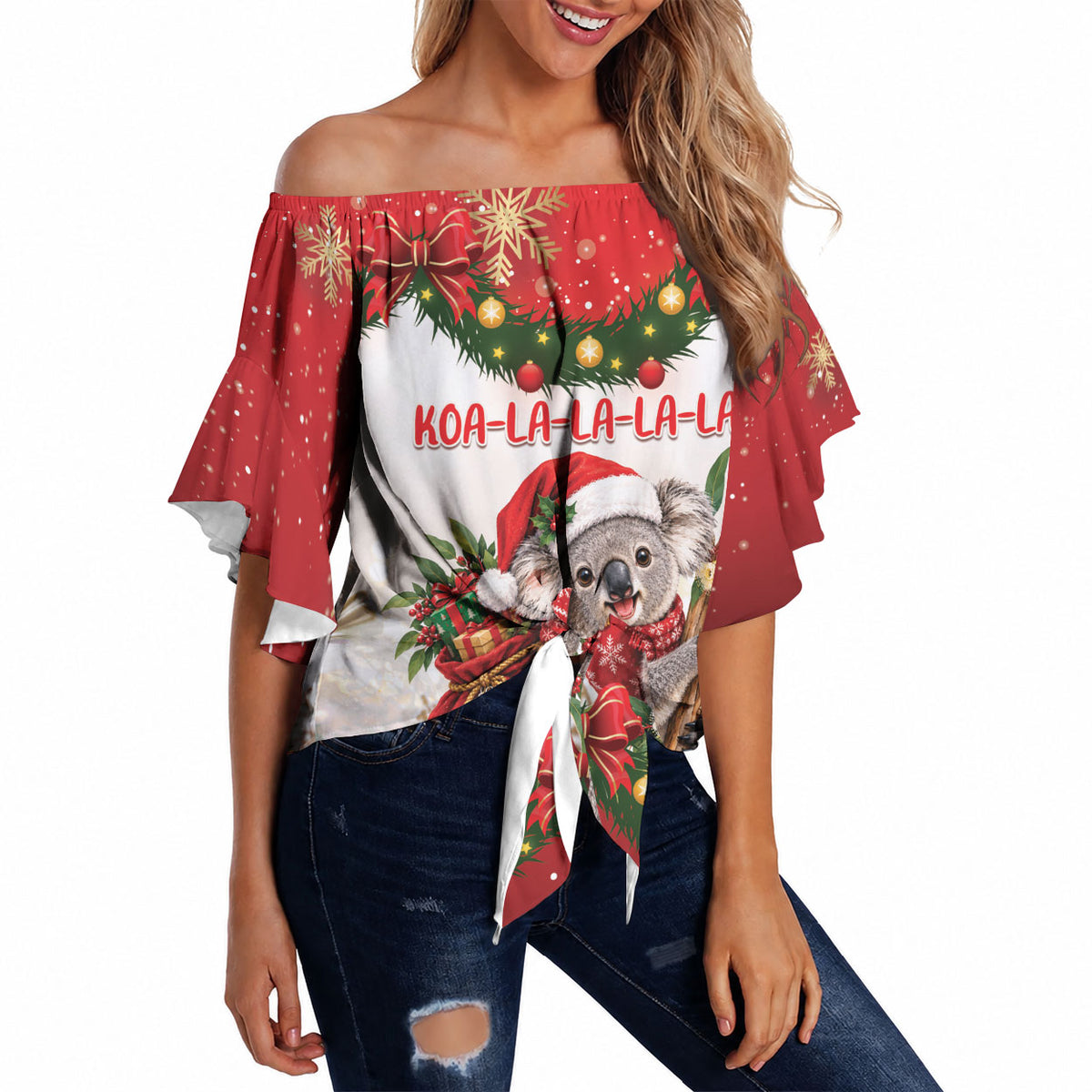 Personalised Koala Australia Christmas Off Shoulder Wrap Waist Top Koa-la-la-la-la Xmas Bows