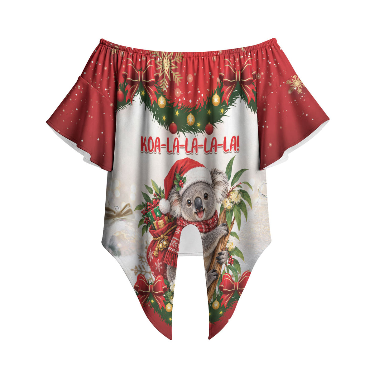 Personalised Koala Australia Christmas Off Shoulder Wrap Waist Top Koa-la-la-la-la Xmas Bows