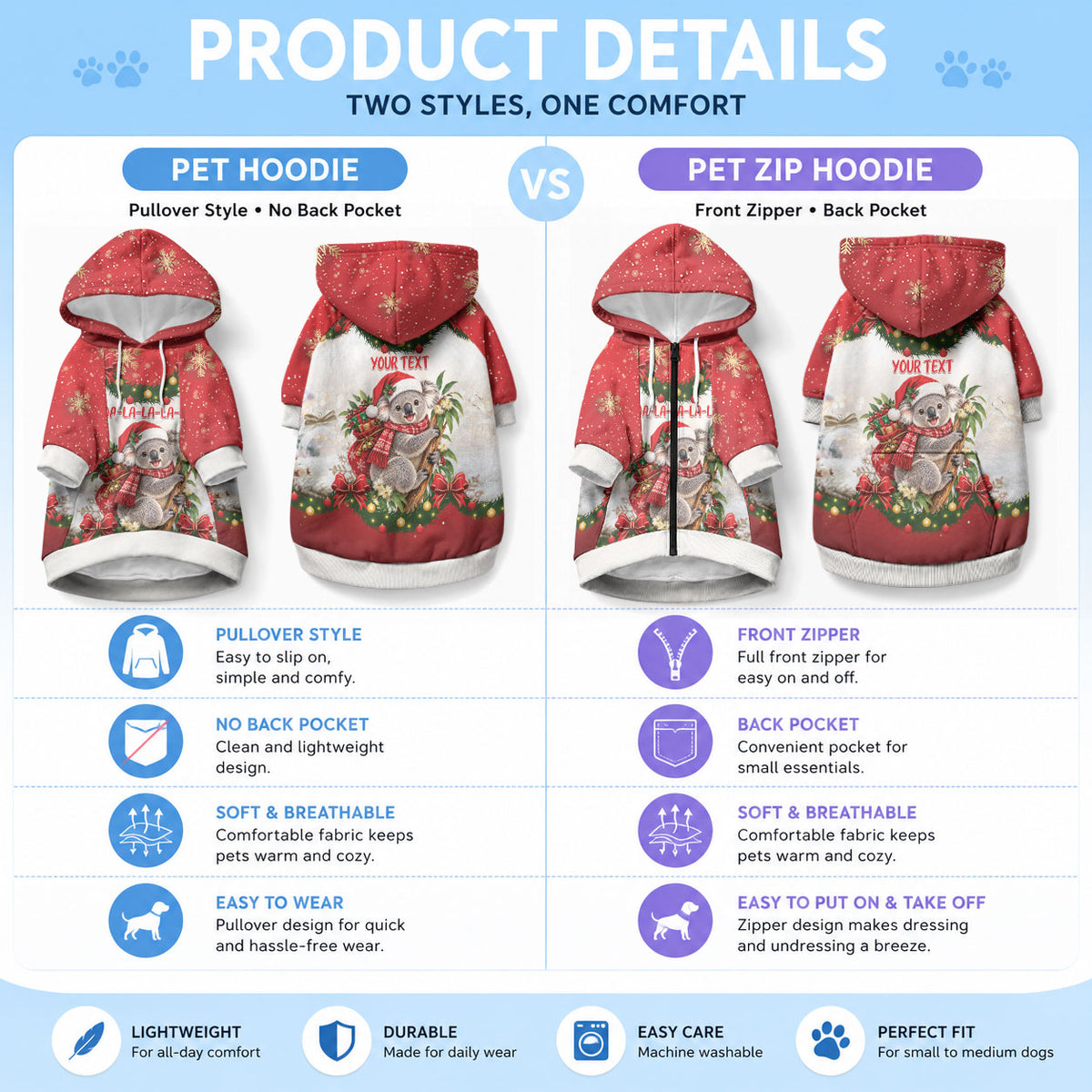 Personalised Koala Australia Christmas Pet Hoodie Koa-la-la-la-la Xmas Bows