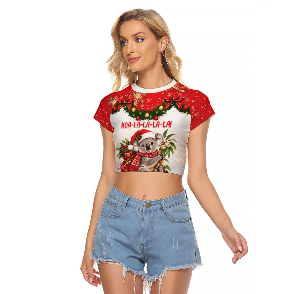 Personalised Koala Australia Christmas Raglan Cropped T Shirt Koa-la-la-la-la Xmas Bows