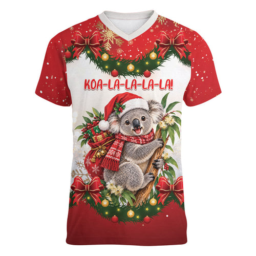 Personalised Koala Australia Christmas Women V-Neck T-Shirt Koa-la-la-la-la Xmas Bows