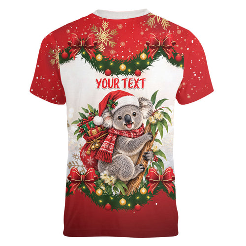 Personalised Koala Australia Christmas Women V-Neck T-Shirt Koa-la-la-la-la Xmas Bows