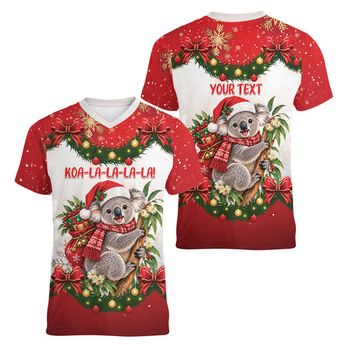 Personalised Koala Australia Christmas Women V-Neck T-Shirt Koa-la-la-la-la Xmas Bows