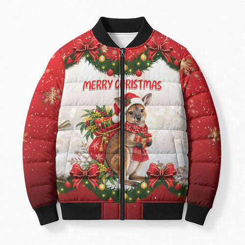 Personalised Wallaby Australia Christmas Bomber Puffer Jacket Merry Xmas Bows