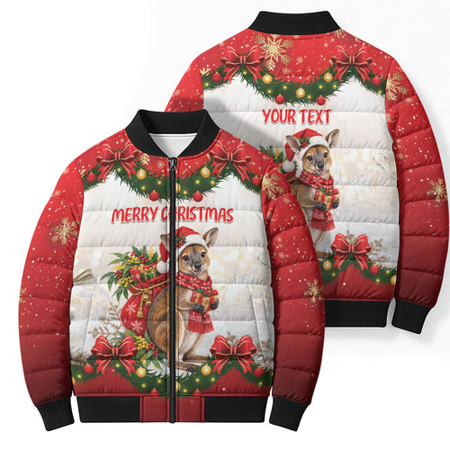 Personalised Wallaby Australia Christmas Bomber Puffer Jacket Merry Xmas Bows