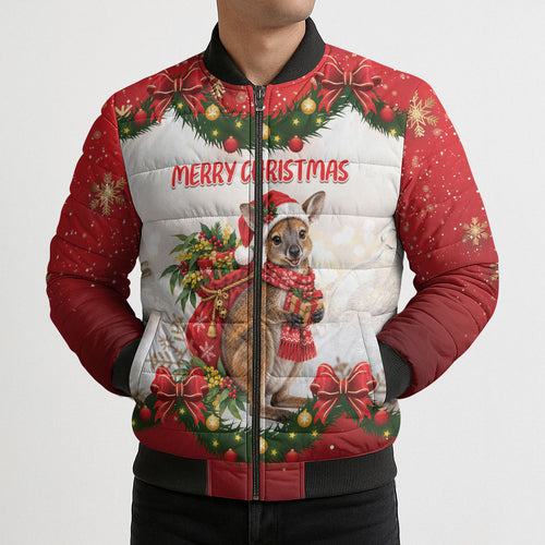 Personalised Wallaby Australia Christmas Bomber Puffer Jacket Merry Xmas Bows
