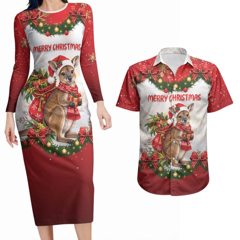 Personalised Wallaby Australia Christmas Couples Matching Long Sleeve Bodycon Dress and Hawaiian Shirt Merry Xmas Bows