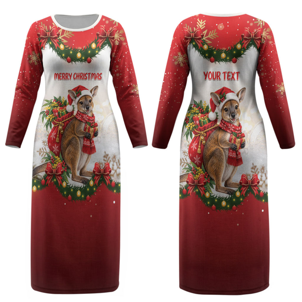 Personalised Wallaby Australia Christmas Couples Matching Long Sleeve Bodycon Dress and Hawaiian Shirt Merry Xmas Bows