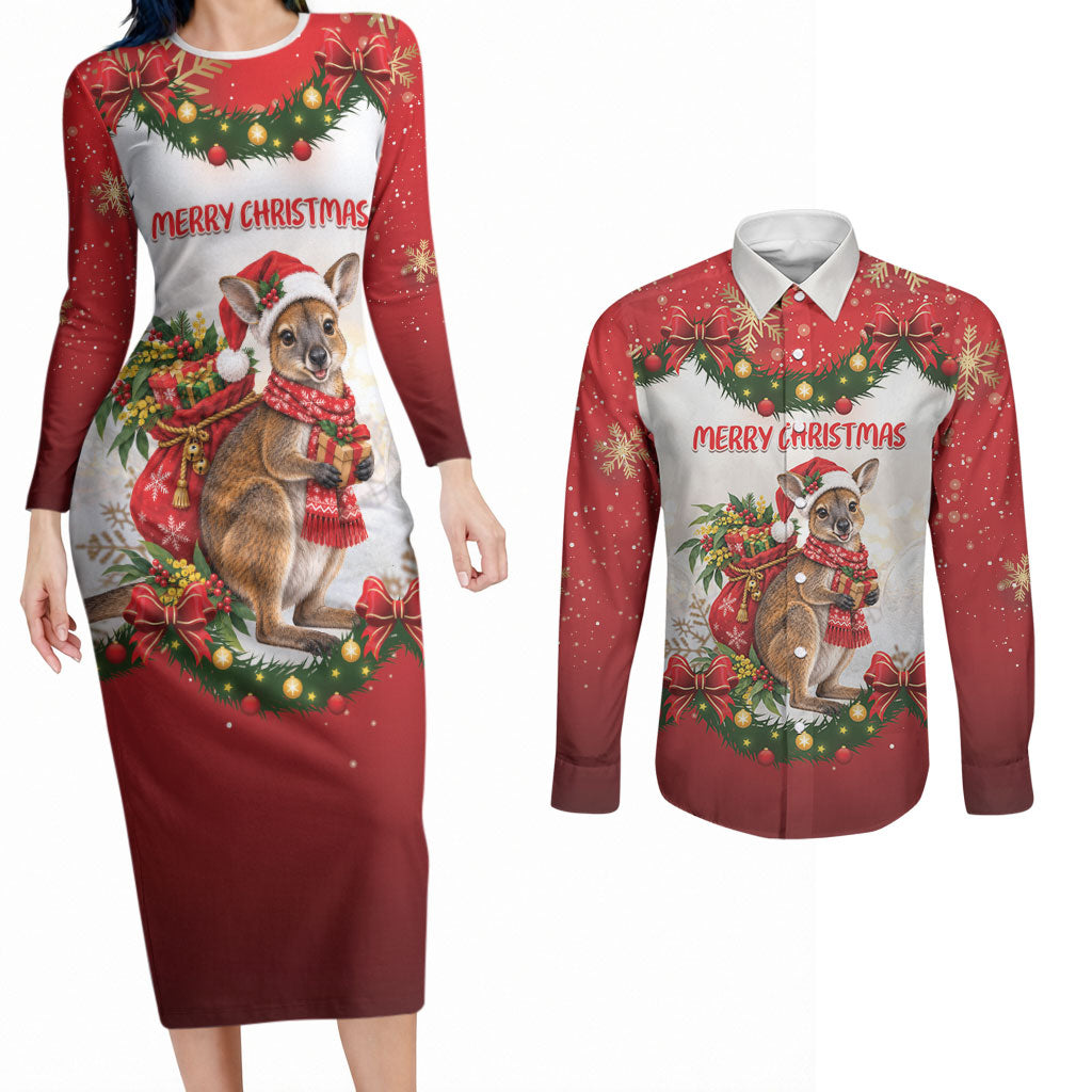 Personalised Wallaby Australia Christmas Couples Matching Long Sleeve Bodycon Dress and Long Sleeve Button Shirt Merry Xmas Bows