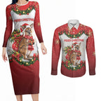 Personalised Wallaby Australia Christmas Couples Matching Long Sleeve Bodycon Dress and Long Sleeve Button Shirt Merry Xmas Bows