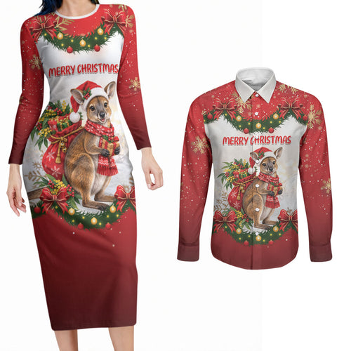 Personalised Wallaby Australia Christmas Couples Matching Long Sleeve Bodycon Dress and Long Sleeve Button Shirt Merry Xmas Bows