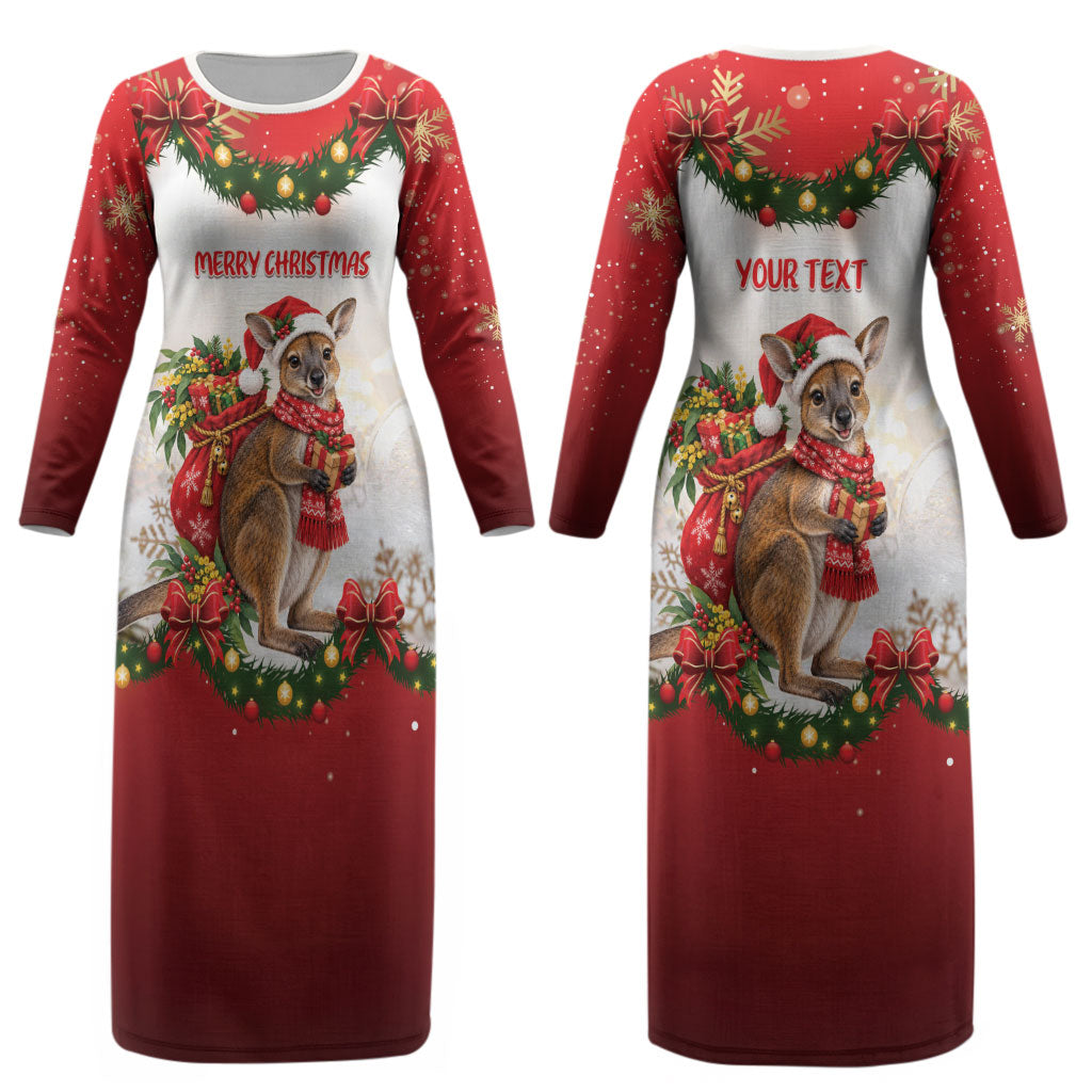 Personalised Wallaby Australia Christmas Couples Matching Long Sleeve Bodycon Dress and Long Sleeve Button Shirt Merry Xmas Bows
