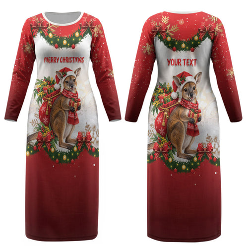 Personalised Wallaby Australia Christmas Couples Matching Long Sleeve Bodycon Dress and Long Sleeve Button Shirt Merry Xmas Bows