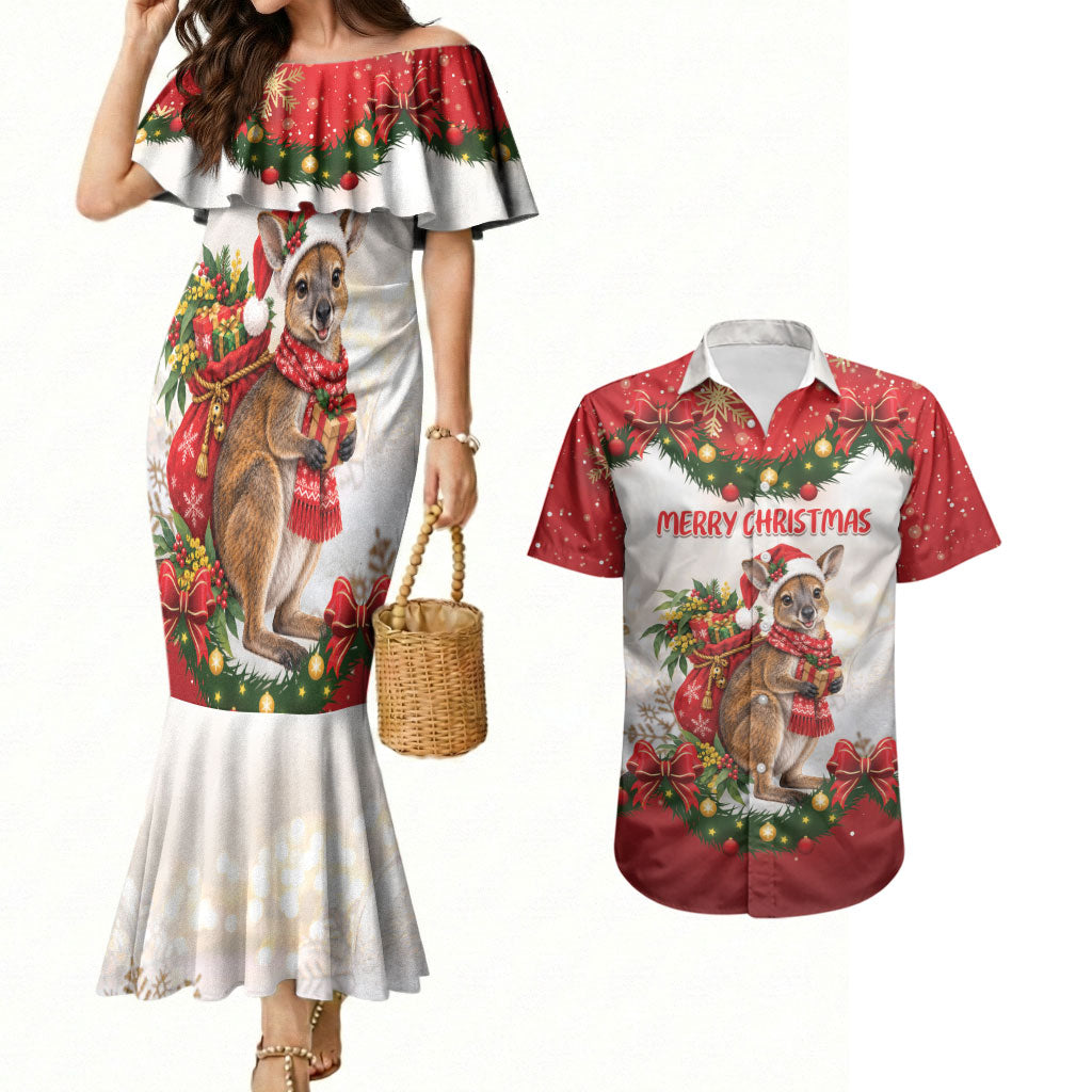 Personalised Wallaby Australia Christmas Couples Matching Mermaid Dress and Hawaiian Shirt Merry Xmas Bows